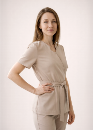 NOWA! TUNIKA MEDYCZNA – KOPERTOWA Nasza tunika przeszła prawdziwą metamorfozę – uwzględniliśmy wszystkie opinie naszych klientek, aby stworzyć model jeszcze lepszy i bardziej komfortowy w codziennej pracy. Nowa tunika nie rozchodzi się na biuście, dzięki czemu zapewnia pełną swobodę ruchów i komfort podczas pracy z pacjentem. Głębsze założenie na biuście sprawia, że nie ma potrzeby zakładania dodatkowego trykotu, a rezygnacja z mało estetycznych zatrzasków gwarantuje perfekcyjne ułożenie materiału. Wiązanie w talii pozwala dopasować tunikę do każdej sylwetki, podkreślając kobiece kształty i jednocześnie dbając o wygodę przez cały dzień. Pionowe cięcia wysmuklają sylwetkę, nadając całości eleganckiego charakteru. Dodatkowym atutem są trzy praktyczne kieszenie, w tym jedna zaprojektowana specjalnie na telefon. Poznaj i pokochaj naszą nową tunikę – stworzoną z myślą o Tobie!